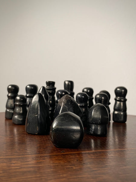 Rare Antique Folk Art 19th Century Carved Cannel Coal Chess Set