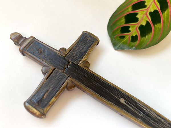 Antique Religious 18th Century Bog Oak & Bronze Combination Crucifix And Wax Seal Pendant - Source Vintage