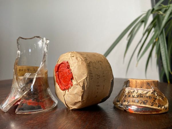 Lot Of 3 Rare Antique 19th Century Glass Ship Launch Bottle Neck Shards With Ship Builder Wax Seals & Handwritten Labels