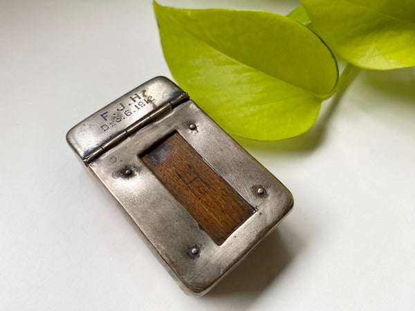 Antique WW1 Make Do Silver Vesta Case With Modified Wood Debris Fragment Inserted By A Soldier As A Memento Of A Bombing They Survived - Source Vintage