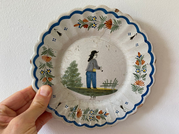 Pair Naive Early 19th Century Quimper Ware Betrothal Make Do Plates - Source Vintage