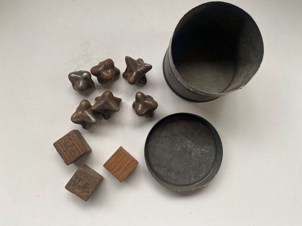 Curious Collection Of Antique Military Caltrop Crow's Feet, 3 x Homemade Dice & A Tin c.1860