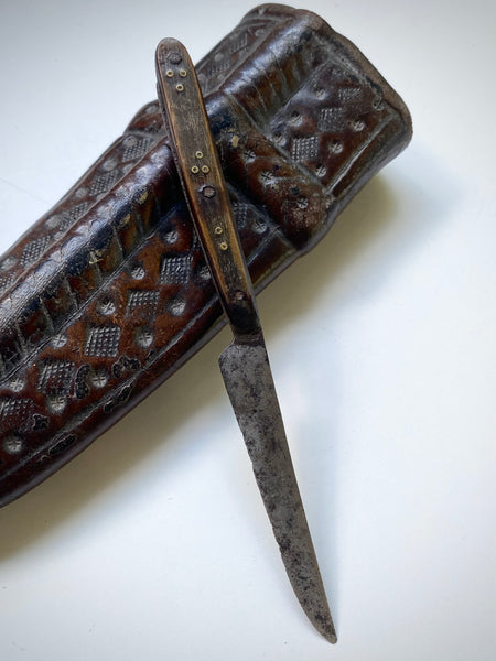 Rare 15th-16th Century Hand Tooled Leather Personal Utensil Scabbard & Accompanying Knife