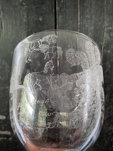Antique 19th Century Glass Goblet Heavily Inscribed In Diamond Point With Various Imagery & Verse