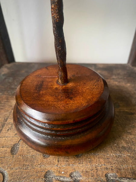Late 17th - Early 18th Century Wrought Iron Rushlight On 19th Century Replacement Fruitwood Base