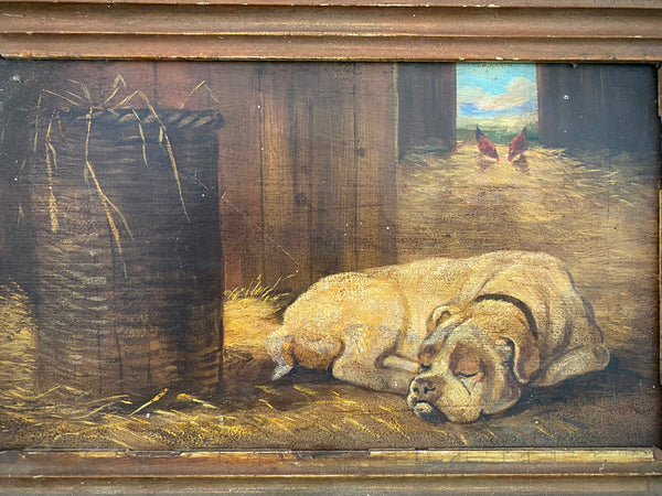 *RESERVED FOR MARYANNE* (Payment 2) Antique Early 20th Century Oil On Board Painting Of A Sleeping Farm Dog