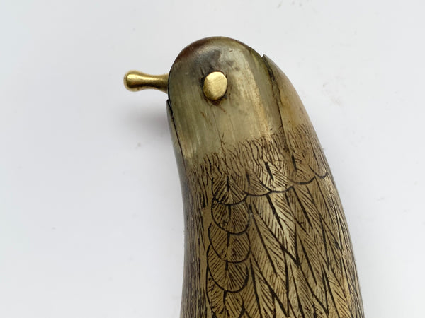 Antique 19th Century Carved Horn Game Keeper’s Snuff Mull With Swivel Dispenser Folk Art Bird Design