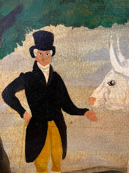 Naive Folk Art Oil Painting Squire With Cow & Dogs By Leslie Stafford (1949–2024)