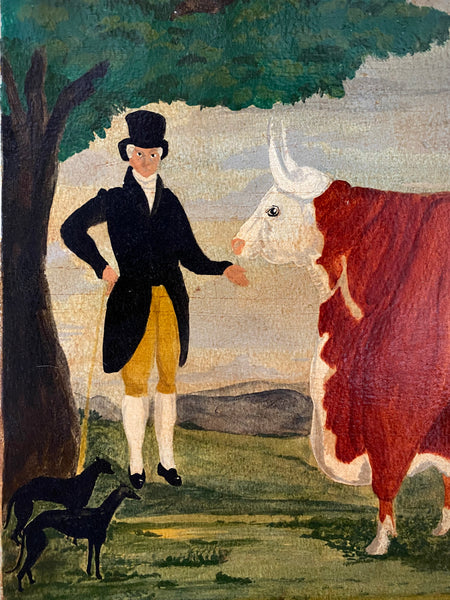 Naive Folk Art Oil Painting Squire With Cow & Dogs By Leslie Stafford (1949–2024)