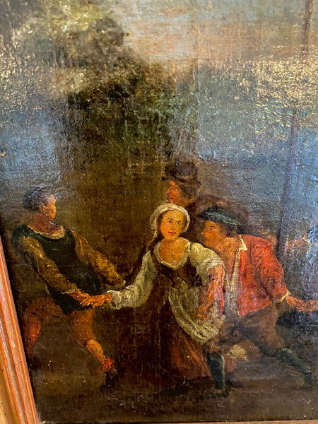 Antique 18th-19th Century Midsummer Maypole Dancing Oil On Canvas Painting