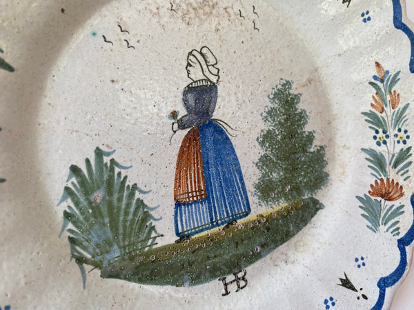 Pair Naive Early 19th Century Quimper Ware Betrothal Make Do Plates - Source Vintage