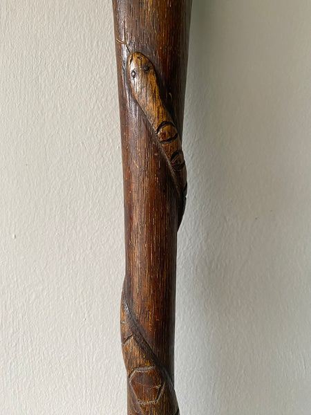 Rare Antique Carved Folk Art Walking Cane With Snake & Glass Marbles Inside c.1900 - Source Vintage
