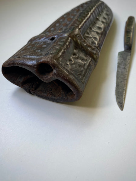 Rare 15th-16th Century Hand Tooled Leather Personal Utensil Scabbard & Accompanying Knife