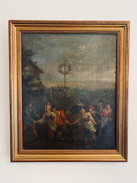 Antique 18th-19th Century Midsummer Maypole Dancing Oil On Canvas Painting
