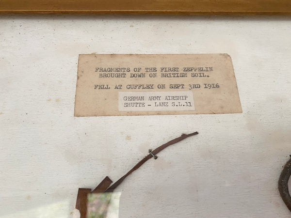 Rare Antique WW1 Framed Crash Debris From 1st Zeppelin Shot Down On British Soil Cuffley - Source Vintage