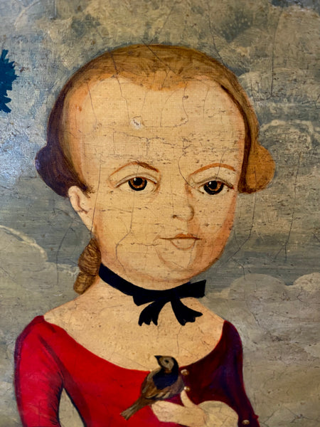 Naive Folk Art Oil Painting Child Holding A Bird By Leslie Stafford (1949–2024)