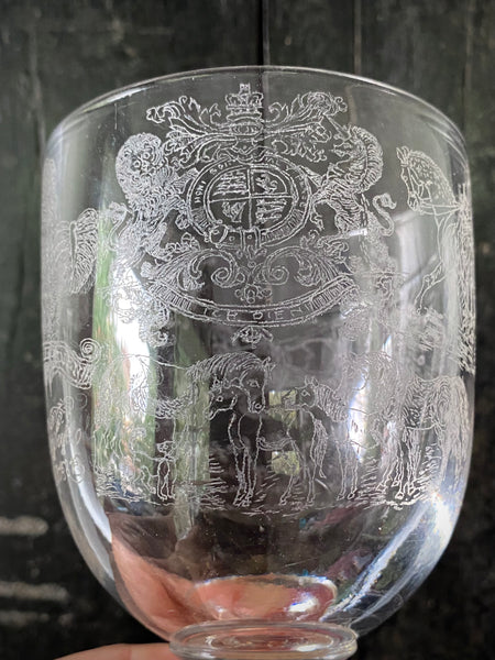 Antique 19th Century Glass Goblet Heavily Inscribed In Diamond Point With Various Imagery & Verse