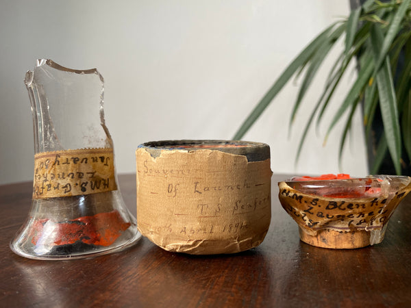 Lot Of 3 Rare Antique 19th Century Glass Ship Launch Bottle Neck Shards With Ship Builder Wax Seals & Handwritten Labels