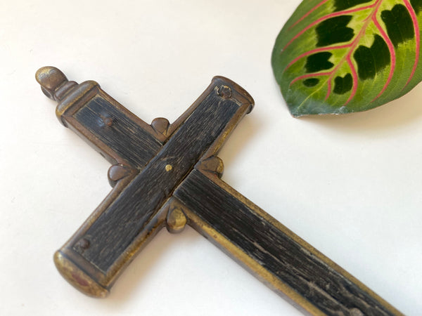 Antique Religious 18th Century Bog Oak & Bronze Combination Crucifix And Wax Seal Pendant - Source Vintage