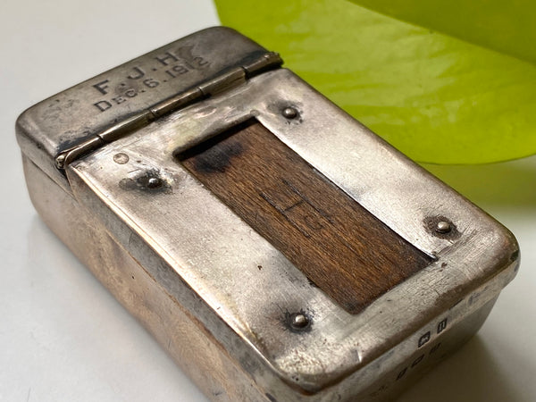 Antique WW1 Make Do Silver Vesta Case With Modified Wood Debris Fragment Inserted By A Soldier As A Memento Of A Bombing They Survived - Source Vintage
