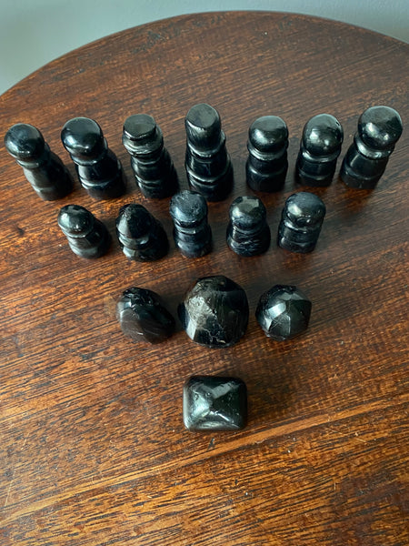 Rare Antique Folk Art 19th Century Carved Cannel Coal Chess Set