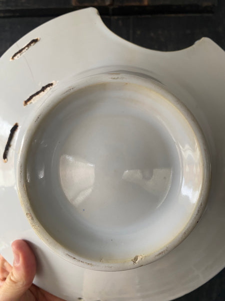 Antique 19th Century Make Do Tin Glazed Barber’s Bowl With Stapled Repairs