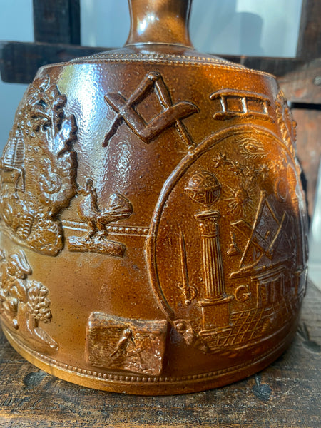 A Fine Example Of An Antique 19th Century Masonic Stoneware Whisky Jug