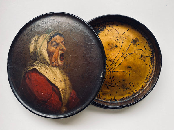 *RESERVED* Grotesque Antique Georgian Papier Mache Snuff Box With Screaming Woman Imagery - Source Vintage