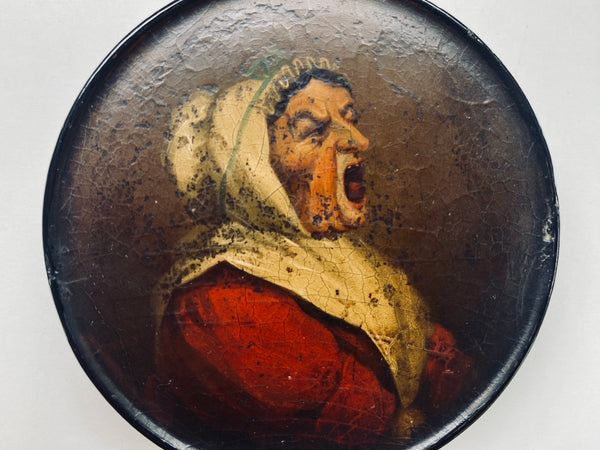 *RESERVED* Grotesque Antique Georgian Papier Mache Snuff Box With Screaming Woman Imagery - Source Vintage
