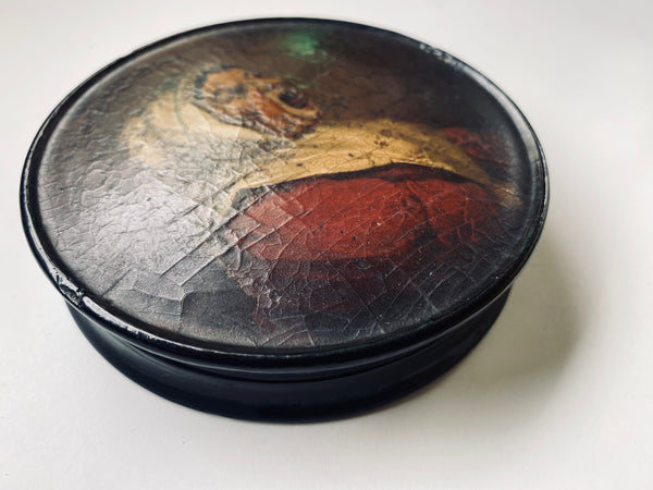 *RESERVED* Grotesque Antique Georgian Papier Mache Snuff Box With Screaming Woman Imagery - Source Vintage