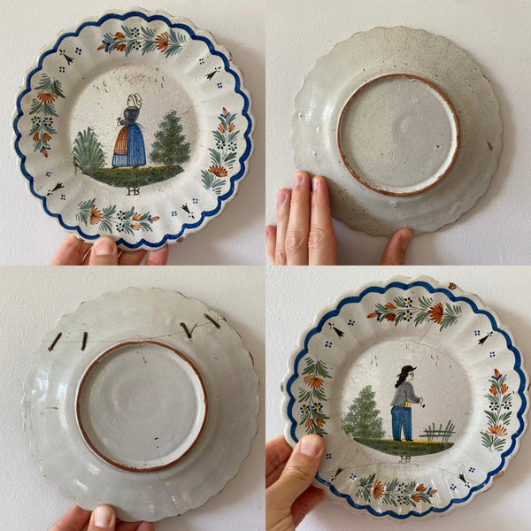 Pair Naive Early 19th Century Quimper Ware Betrothal Make Do Plates - Source Vintage