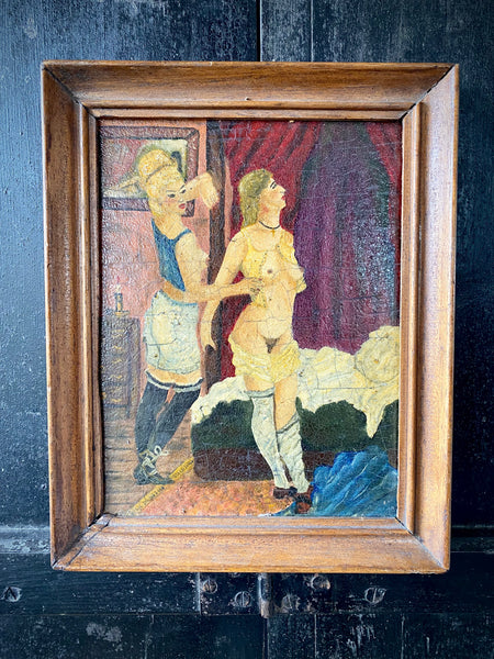 Vintage French Art School Oil On Board Erotic Boudoir Scene