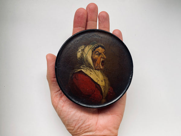 *RESERVED* Grotesque Antique Georgian Papier Mache Snuff Box With Screaming Woman Imagery - Source Vintage