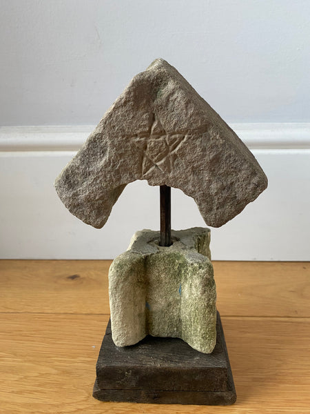 Rare Antique Limestone Fragment From A Window Or Door Reveal With Pentagram Witches Mark Engraving - Source Vintage