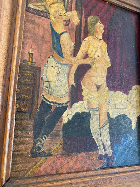 Vintage French Art School Oil On Board Erotic Boudoir Scene