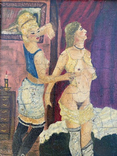 Vintage French Art School Oil On Board Erotic Boudoir Scene