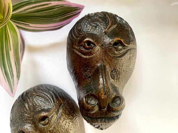 Antique 16th-17th Century Pair Carved Wood Lion Head Fragments - Source Vintage