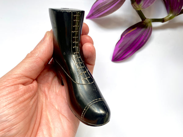 A Charming Antique 19th Century Folk Art Carved Cannel Coal Boot Ornament - Source Vintage