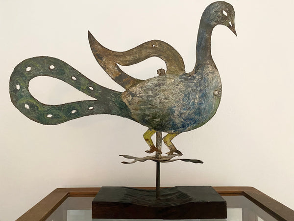 *RESERVED* Antique Folk Art Metal Bird Weathervane Mounted On Oak Base c.1900s - Source Vintage