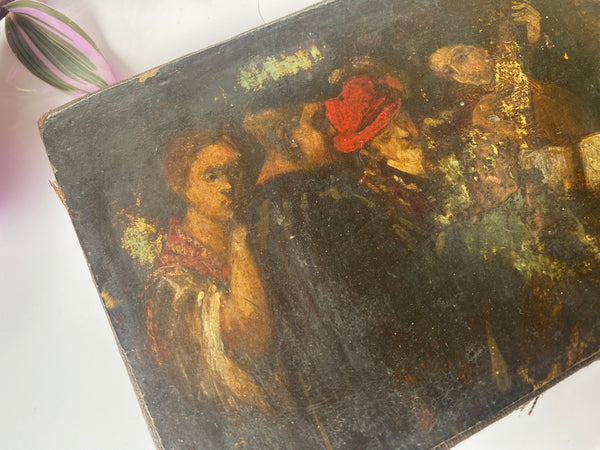 Antique 19th Century Miniature Oil On Canvas Folk Art Painting - Source Vintage