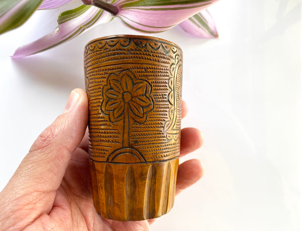 Unusual Antique Carved Treen Folk Art Love Token Beaker - Source Vintage