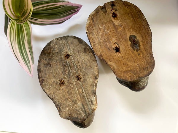 Antique 16th-17th Century Pair Carved Wood Lion Head Fragments - Source Vintage