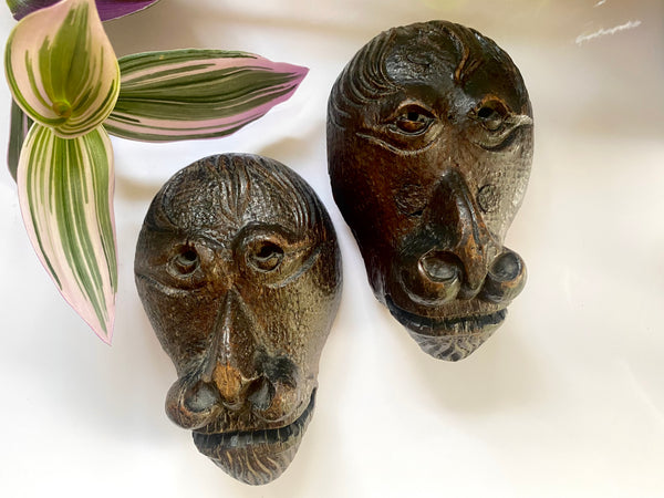 Antique 16th-17th Century Pair Carved Wood Lion Head Fragments - Source Vintage