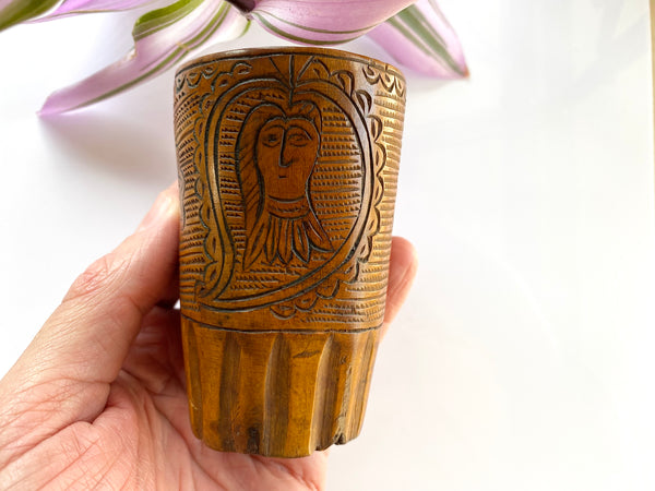 Unusual Antique Carved Treen Folk Art Love Token Beaker - Source Vintage