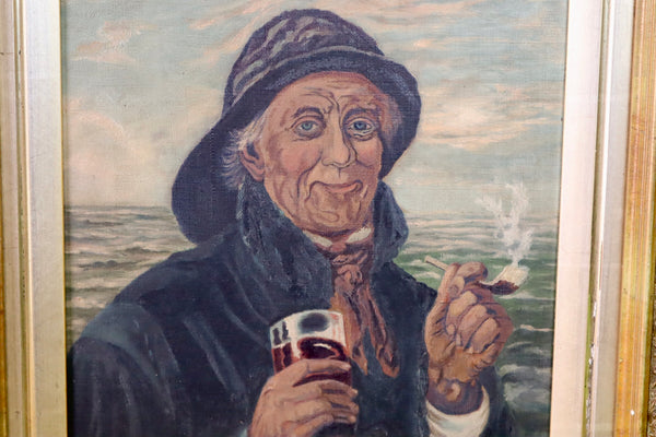 Antique Folk Art Oil On Canvas Portrait Painting Fisherman Signed + Dated 1897 - Source Vintage