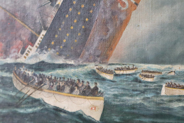 Early 20th Century Naïve Finnish Swedish Folk Art Oil On Canvas Titanic Painting - Source Vintage