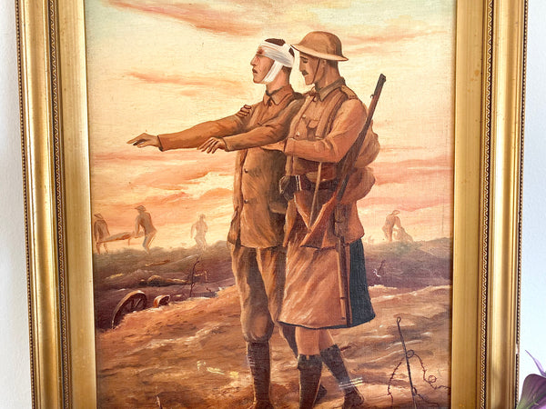 WW1 Folk Art Painting Oil On Board Framed And Signed C.J. Cook - Source Vintage