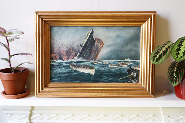 Early 20th Century Naïve Finnish Swedish Folk Art Oil On Canvas Titanic Painting - Source Vintage