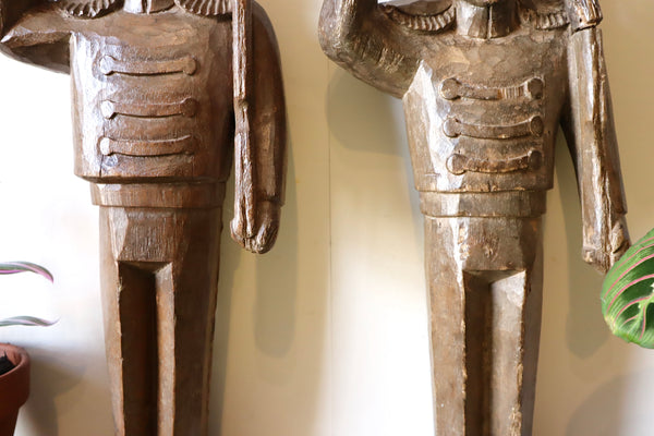 Pair 19th Century Carved Folk Art Saluting Soldiers On Modern Stands - Source Vintage