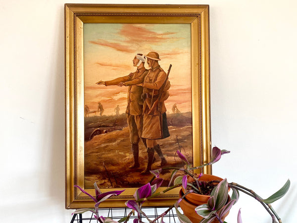 WW1 Folk Art Painting Oil On Board Framed And Signed C.J. Cook - Source Vintage
